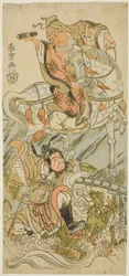 Gli attori Sawamura Sojuro II come il saggio cinese Huangshi Gong (a cavallo), e Ichikawa Danzo III come il guerriero cinese Zhang Liang (montato su un drago), nel finale della commedia Otokoyama Yunzei Kurabe