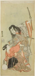 Gli attori Sawamura Sojuro II come il sacerdote Shunkan e Azuma Tozo II come Oyasu nella commedia "Hime Komatsu Ne no Hi Asobi (Uscita per raccogliere piantine di pino nel giorno del topo del nuovo anno)"