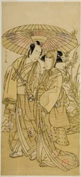 Gli Attori Segawa Kikunojo III (destra) come Ochiyo, e Bando Mitsugoro I (sinistra) come il Fruttivendolo Hambei, nella Commedia Kabuki no Hana Bandai Soga, Rappresentata al Teatro Ichimura nel Quarto Mese, 1781