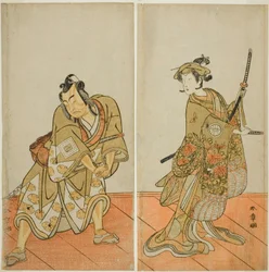 Gli attori Segawa Kikunojo III come Aigo no Waka (destra), e Ichikawa Yaozo II come Hachio-maru Aratora (sinistra), nella commedia Chigo Sakura Jusan Kane, rappresentata al Teatro Ichimura nell
