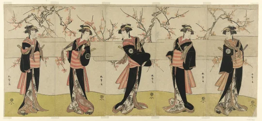 Gli attori Segawa Kikunojo III come Karigane Obun, Nakayama Tomisaburo I come An no Oyasu, Iwai Kiyotaro II come Kaminari no Osha, Nakayama Tatezo I come Gokuin no Osen, e Ichikawa Monnosuke II come Hotei no Oichi (da destra a sinistra), in "Gonin Onna," S