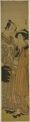 Gli attori Segawa Kikunojo III come Okoma (destra), e Arashi Sangoro III come il parrucchiere Obana Saizaburo (sinistra), nella commedia Koi Musume Mukashi Hachijo, rappresentata al Teatro Nakamura nel terzo mese, 1776