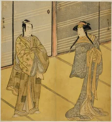 Gli attori Segawa Kikunojo III come lo spirito di Joro-gumo (Ragno prostituta) travestito da Maiko Tsumagiku (destra), e Ichikawa Monnosuke II come Urabe no Suetake (sinistra), nella commedia Shitenno Tonoi no Kisewata, rappresentata al Teatro Nakamura nel