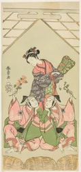 Gli attori Segawa Kikunojo II come la balia Reizei, Ichikawa Komazo I come Suruga no Hachiro nei panni del suonatore di shamisen Kichiroku (a destra), e Ichikawa Yaozo II come Tada no Kurando nei panni del portatore di palanchino Kichinai (a sinistra), nel