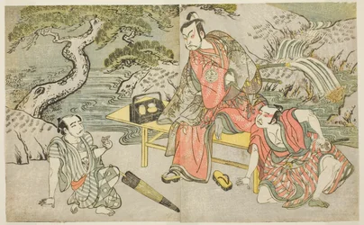 Gli attori Tomizawa Hanzaburo II come Nagoya Sanzaemon (spesso chiamato Sanza) (a destra), Nakamura Juzo II come Fuwa Banzaemon (al centro) e un attore non identificato come il borseggiatore Matsumoto Daishichi (a sinistra), nella commedia Fuki Kaete Tsuki