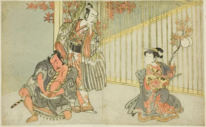 Gli attori Yamashita Kinsaku II come Mutsuhana (destra), Bando Mitsugoro I come Kashiwagi no Emon (centro), e Nakamura Sukegoro II come Akamatsu Mushanosuke (sinistra), nella commedia Fuki Kaete Tsuki mo Yoshiwara