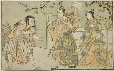 Gli attori Yamashita Yaozo I come Ono no Komachi (destra), Matsumoto Koshiro II come Godai Saburo (centro), e Ichikawa Danzo III come Otomo no Kuronushi (sinistra), nella commedia "Kuni no Hana Ono no Itsumoji," eseguita al Teatro Nakamura nell