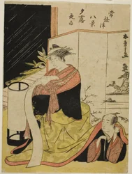 La cortigiana Yugiri e il suo amante Fujiya Izaemon, dalla serie "Tokiwazu Hakkei"