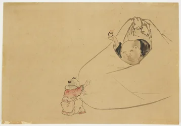 Hotei offre una gemma fiammeggiante a un piccolo ragazzo, c.1850