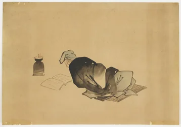 Uomo sdraiato che legge alla luce della lampada, ca.1850