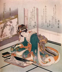 Una donna che realizza un modello in miniatura del Monte Fuji, c1823