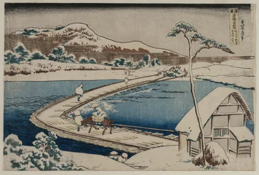 Antica immagine del ponte di barche a Sano nella provincia di Kozuke, primi anni 1830