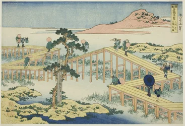 Vista antica del ponte a otto assi nella provincia di Mikawa (Mikawa no Yatsuhashi no kozu), dalla serie "Vedute insolite di ponti famosi in varie province (Shokoku meikyo kiran)"