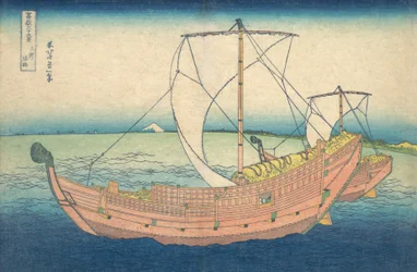 Barche in mare al largo di Kazusa, dalla serie "36 vedute del Monte Fuji", pub.1831