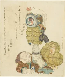 Daikoku che bilancia balle di riso, martello e gallo sui piedi