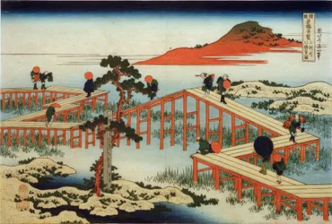 La vecchia vista del ponte Yatsuhashi nella provincia di Mikawa