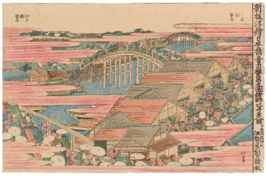 Mercato del pesce sul fiume a Edo al ponte Nihonbashi
