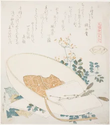 Fiori appena raccolti in un cappello da viaggiatore, illustrazione per The Thousand-grasses Shell (Chigusagai), dalla serie "A Matching Game with Genroku-period Poem Shells (Genroku kasen kai awase)"