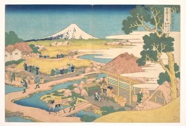 Il Monte Fuji visto dai campi di tè di Katakura nella provincia di Suruga (Sunshū Katakura chaen no Fuji), dalla serie “Le trentasei vedute del Monte Fuji” (Fugaku sanjūrokkei)