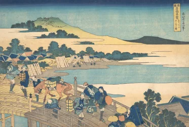 Ponte di Fukui nella Provincia di Echizen Echizen Fukui no hashi, dalla serie Vedute Notev..., 1827-30