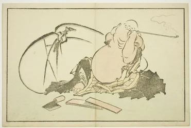 Hotei che fuma la sua pipa, da Il libro delle pitture realistiche di Hokusai, c.1814