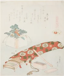 Koto e offerta di Capodanno, illustrazione per La conchiglia della spiaggia di Akoya (Akoyagai), dalla serie "Un gioco di abbinamento con conchiglie di poesie del periodo Genroku (Genroku kasen kai awase)"