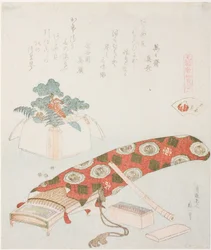 Koto e offerta di Capodanno, illustrazione per La conchiglia della spiaggia di Akoya (Akoyagai), dalla serie, Un gioco di abbinamento con conchiglie di poesie del periodo Genroku