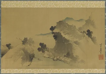 Paesaggio: montagne, ruscello e barche, periodo Edo