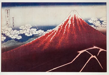 Fulmine sul monte Fujiyama ... (stampa xilografica a colori)
