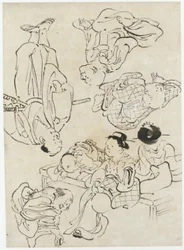 Figure varie: piaceri estivi, figure sedute sulla veranda e (in basso) Samurai, periodo Edo