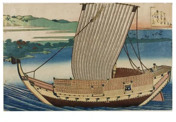 N. 18. La scena, una giunca che naviga in un mare calmo davanti alla baia di Suminoye a Settsu, dalla serie Le cento poesie spiegate dalla balia, 1835-1836 circa (stampa xilografica su carta)