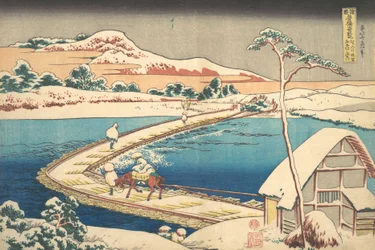 Vecchia vista del ponte di barche a Sano nella provincia di Kozuke, 1827-30