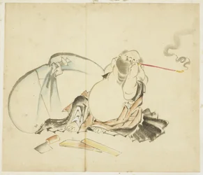 Hotei seduto che fuma una pipa