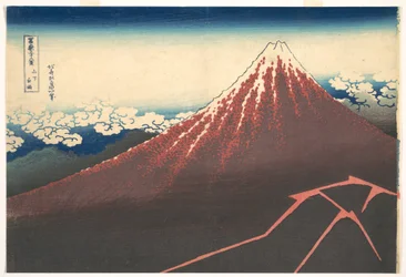 Tempesta ai piedi del Monte Fuji (Sanka no haku u), dalla serie “Le trentasei vedute del Monte Fuji” (Fugaku sanjūrokkei)