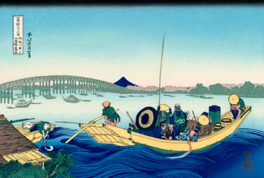 Tramonto sul ponte Ryogoku dalla riva del fiume Sumida a Onmayagashi, 1830-1833