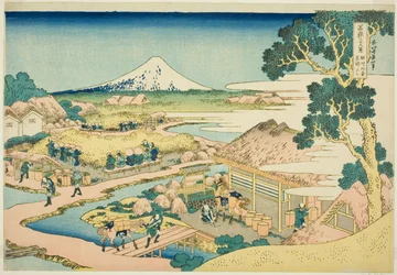 La piantagione di tè di Katakura nella provincia di Suruga (Sunshu Katakura chaen no Fuji), dalla serie "Trentasei vedute del Monte Fuji (Fugaku sanjurokkei)"