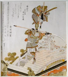 La leggendaria battaglia del samurai Minamoto no Yoshitsune (1159-1189) contro Saito Musashibo Benkei, monaco buddista del XII secolo sul ponte di Gojo a Kyoto, stampa giapponese 