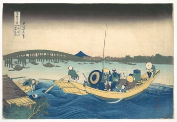 Il tramonto sul ponte Ryōgoku visto dall’argine di Onmaya (Onmayagashi yori Ryōgokubashi sekiyō o miru), dalla serie “Le trentasei vedute del Monte Fuji” (Fugaku sanjūrokkei)