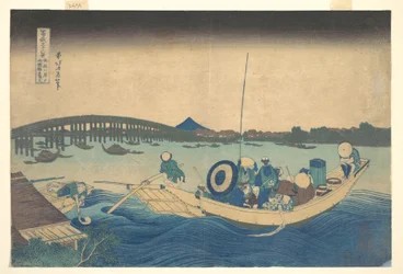 Il tramonto sul ponte Ryōgoku visto dall’argine di Onmayagashi (Onmayagashi yori Ryōgokubashi sekiyō o miru), dalla serie “Le trentasei vedute del Monte Fuji” (Fugaku sanjūrokkei)
