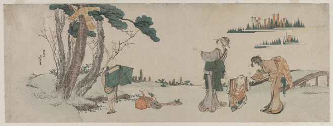 Donne che distraggono un bambino il cui aquilone è impigliato in un albero, c. 1800