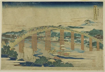 Ponte Yahagi a Okazaki sul Tokaido (Tokaido Okazaki Yahagi no hashi), dalla serie "Vedute insolite di ponti famosi in varie province (Shokoku meikyo kiran)".