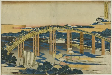 Ponte Yahagi a Okazaki sul Tokaido (Tokaido Okazaki Yahagi no hashi), dalla serie "Vedute insolite di ponti famosi in varie province (Shokoku meikyo kiran)".