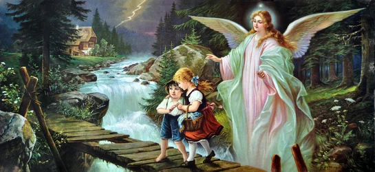 Un angelo custode protegge due bambini mentre attraversano un fiume su un vecchio ponte di legno, inizio del XX secolo