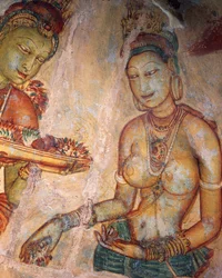 Apsaras, ninfa celeste che offre fiori, affresco, cittadella fortificata di Sigiriya (Lista del Patrimonio Mondiale UNESCO)
