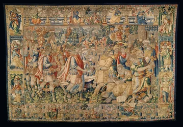 Museo parrocchiale di arazzi (Museo Parroquial de Tapices de Pastrana). Arazzo fiammingo. Carlo Magno, ingresso trionfale in Carmania (Alejandro Magno, Entrada trionfan en Carmania).