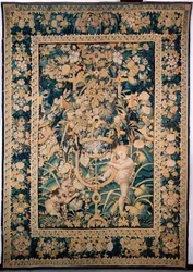 Arazzo. Enghien. Ragazzo di fronte a un animale selvatico (Bambin taquinant un jeune fauve, De knaap met het jonge wilde dier). 363 cm x 259 cm. Un ragazzo o putto che stuzzica un animale selvatico, forse un leopardo, con una pera fissata su un bastone.