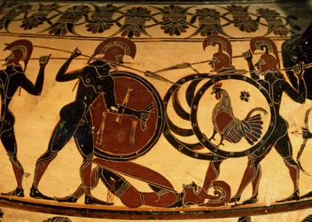 Dettaglio di un vaso corinzio che mostra una battaglia di opliti, c.600 a.C.
