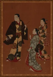 Un uomo, probabilmente un attore, e due ragazze, periodo Edo, XVIII secolo