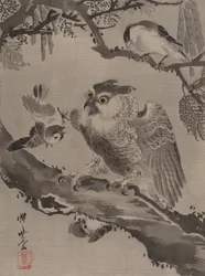 Gufo deriso da piccoli uccelli, ca. 1887