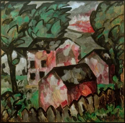 Paesaggio con tre case rosse